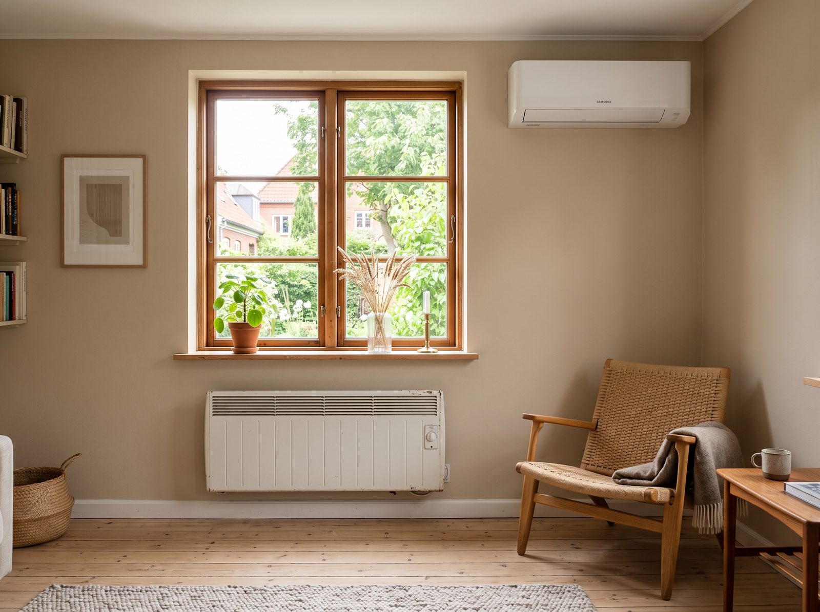 Indedel til luft til luft varmepumpe monteret over en gammel elradiator i stue