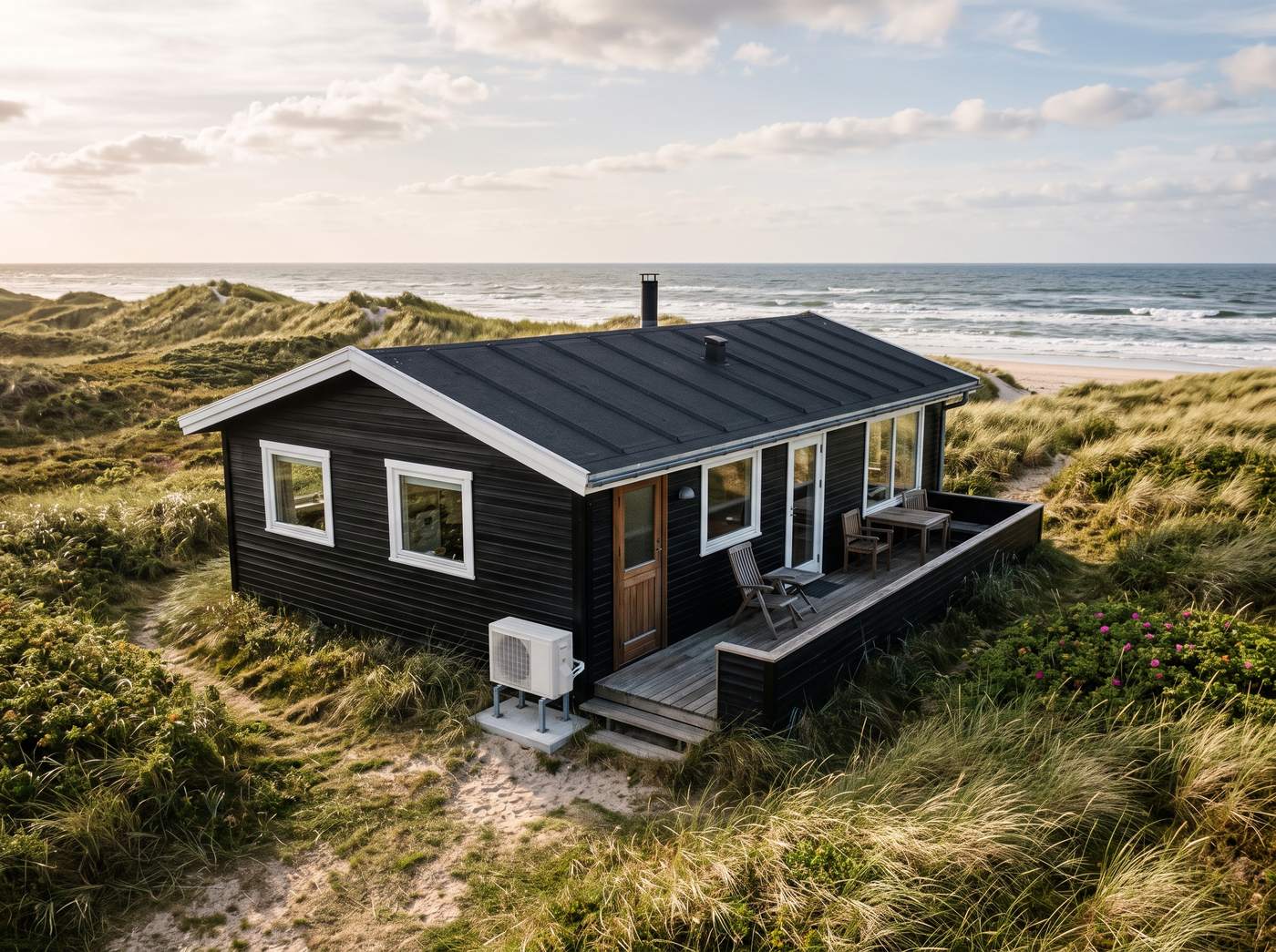 Luft til luft varmepumpe monteret i sommerhus med træfacade på Sjælland